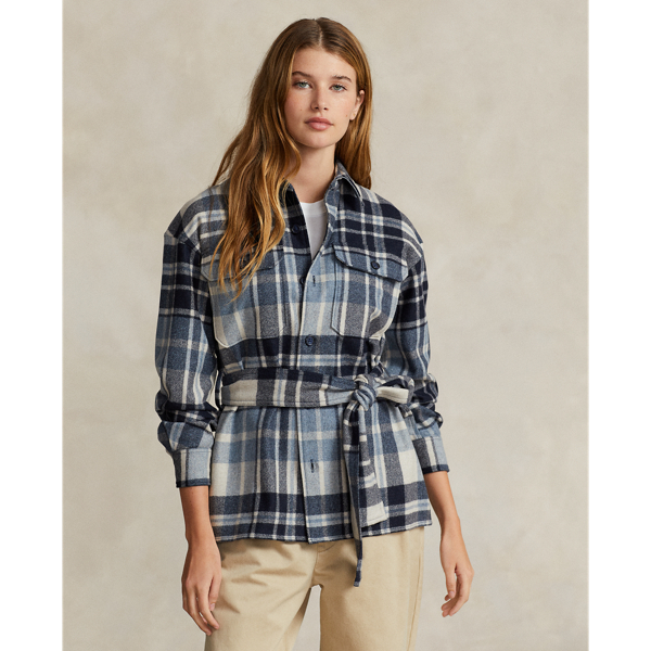 Ralph Lauren Belted Wool-blend Twill Shirt In Cream/navy/blue Multiple