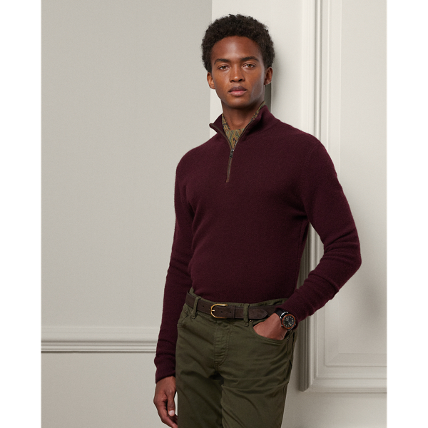 Ralph Lauren Purple Label Cashmere Birdseye Quarter-zip Sweater In Burgundy Multi