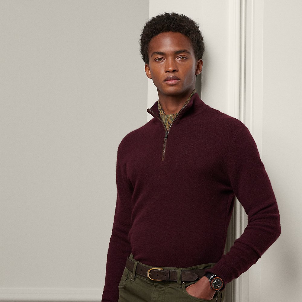 Ralph Lauren Purple Label Cashmere Birdseye Quarter-zip Sweater In Burgundy Multi
