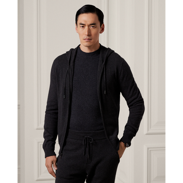 Ralph Lauren Purple Label Wool-cashmere Hooded Full-zip Sweater In Dark Grey Melange