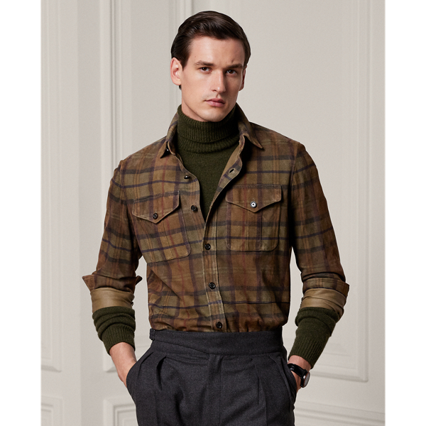 Ralph Lauren Men's Barron Plaid-print Suede Overshirt In Olive Multi