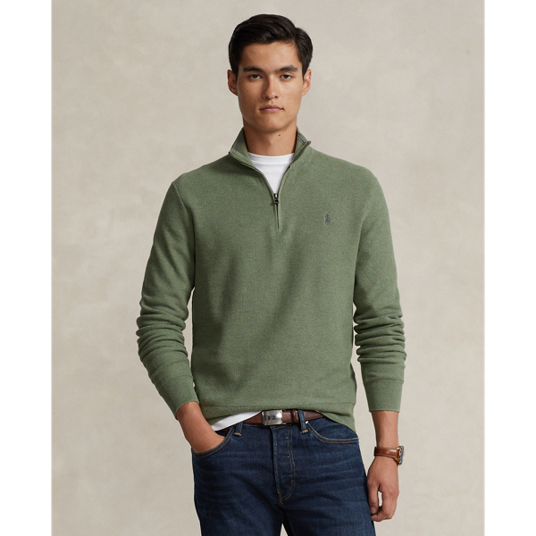Ralph Lauren Mesh-knit Cotton Quarter-zip Sweater In Woodland Heather
