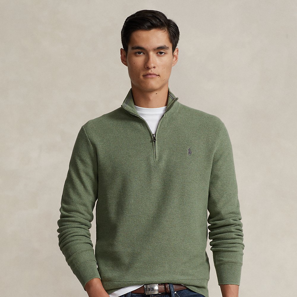 Ralph Lauren Mesh-knit Cotton Quarter-zip Sweater In Woodland Heather