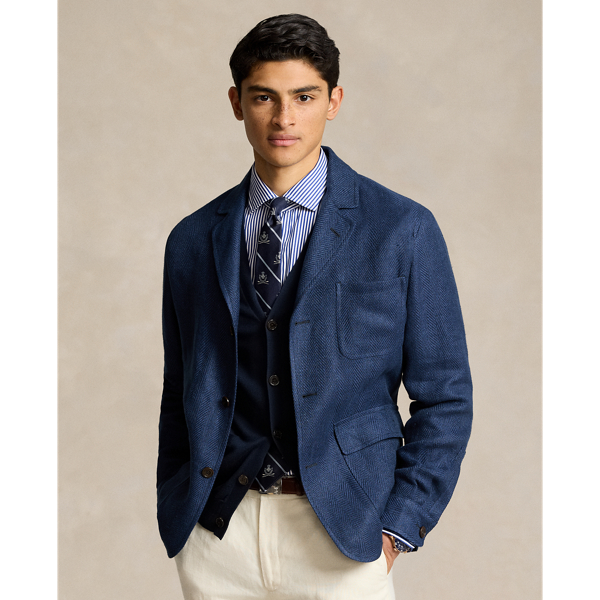 Ralph Lauren Tailored Linen-silk Herringbone Jacket In Navy