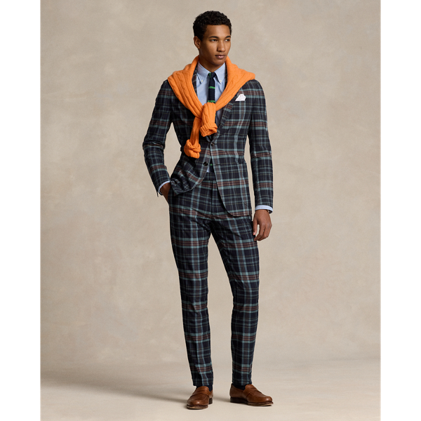 Shop Ralph Lauren Patchwork Plaid Suit Trouser In Navy/burgundy Multi