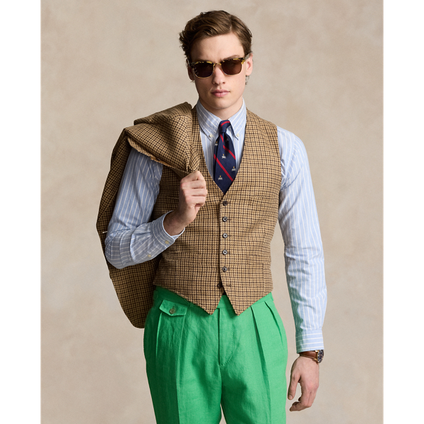 Ralph Lauren Tailored Checked Linen-silk Vest In Tan/brown Multi
