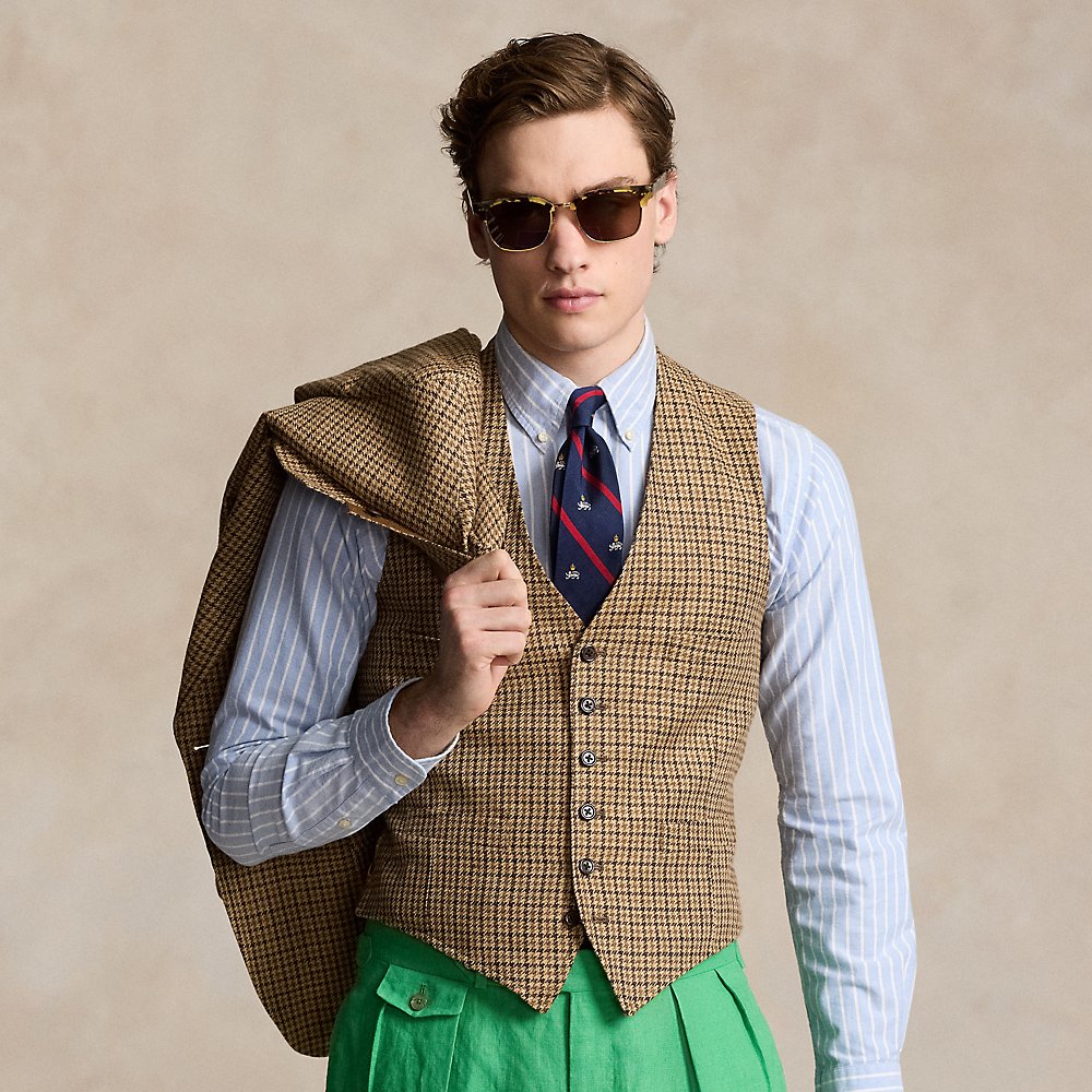 Ralph Lauren Tailored Checked Linen-silk Vest In Tan/brown Multi