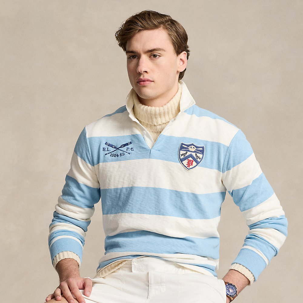 Ralph Lauren Classic Fit Striped Jersey Rugby Shirt In Powder Blue/nevis