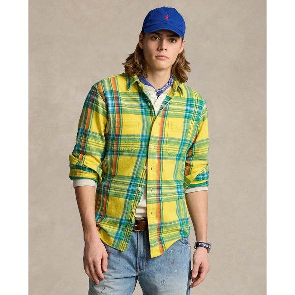 Ralph Lauren Classic Fit Plaid Flannel Workshirt In Yellow/green Multi