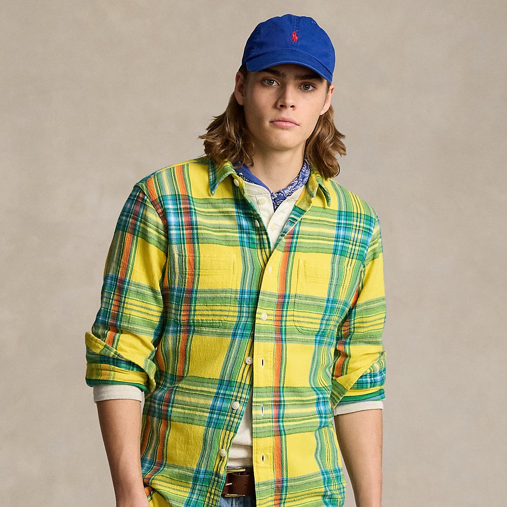 Ralph Lauren Classic Fit Plaid Flannel Workshirt In Yellow/green Multi
