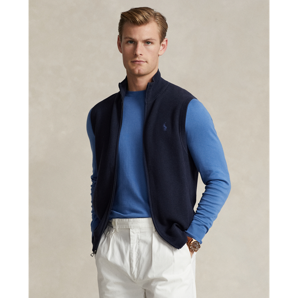 Ralph Lauren Mesh-knit Cotton Full-zip Sweater Vest In Navy Heather