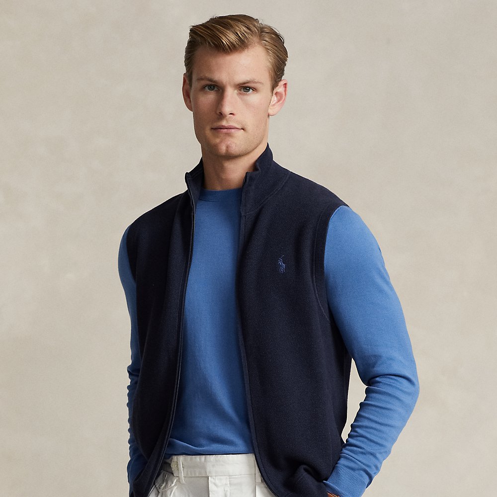 Shop Polo Ralph Lauren Mesh-knit Cotton Full-zip Gilet In Blue