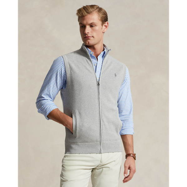 Ralph Lauren Mesh-knit Cotton Full-zip Sweater Vest In Andover Heather