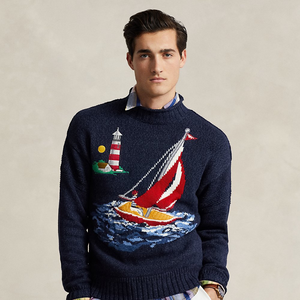 Shop Ralph Lauren Sailboat-intarsia Cotton Sweater In Navy Combo