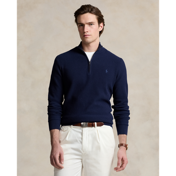 Ralph Lauren Mesh-knit Cotton Quarter-zip Sweater In Refined Navy