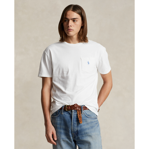 Shop Ralph Lauren Classic Fit Cotton-linen Pocket T-shirt In Ceramic White