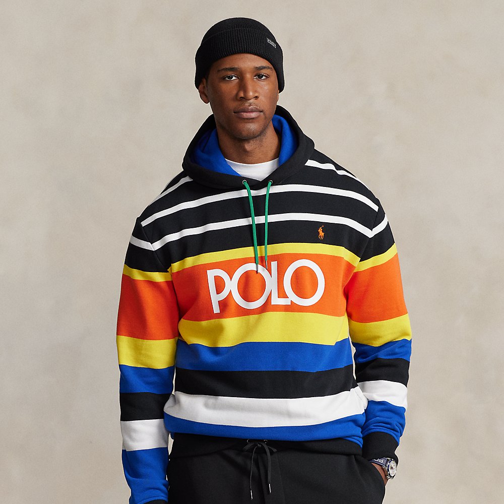 Shop Polo Ralph Lauren Logo Striped Fleece Hoodie In Polo Black Multi