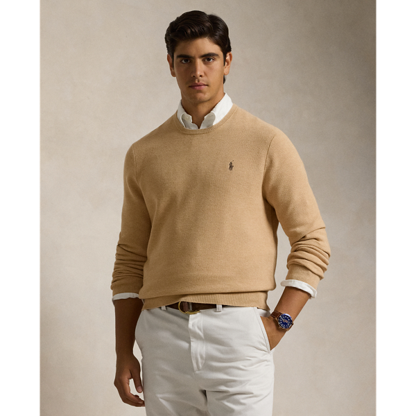 Ralph Lauren Textured Cotton Crewneck Sweater In Camel Melange