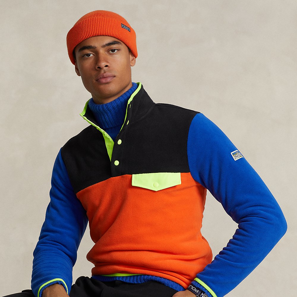 Ralph Lauren Color-blocked Brushed Fleece Pullover In Elite Orange Multi