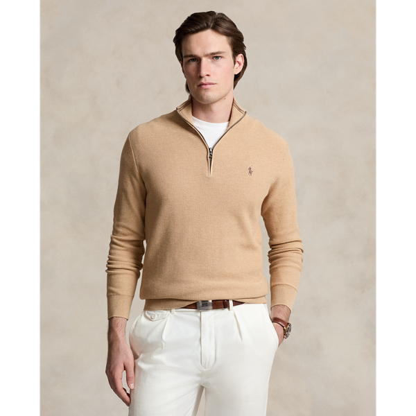 Ralph Lauren Mesh-knit Cotton Quarter-zip Sweater In Camel Melange