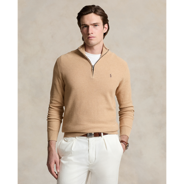 Polo Ralph Lauren Mesh-knit Cotton Quarter-zip Sweater In Camel Melange