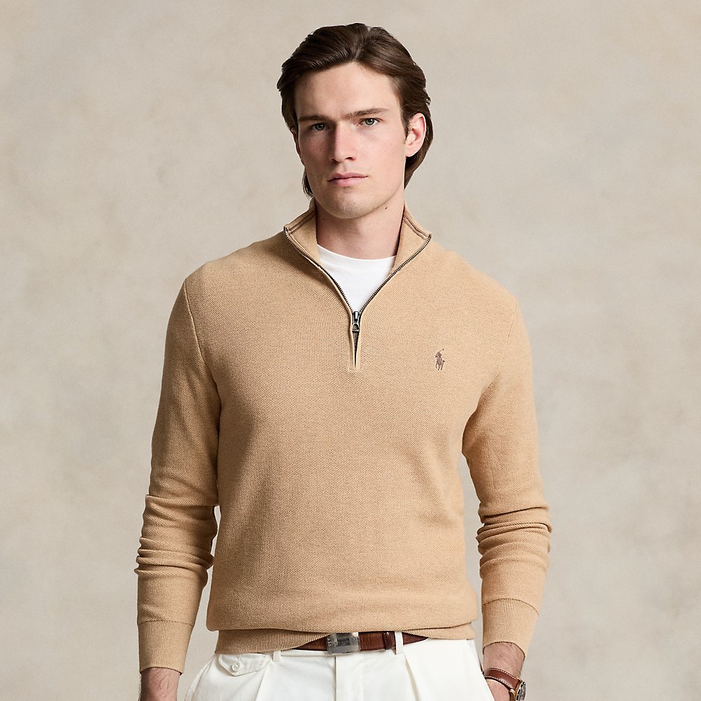 Ralph Lauren Mesh-knit Cotton Quarter-zip Sweater In Camel Melange