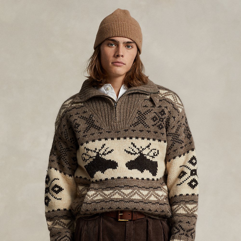 Ralph Lauren Moose-intarsia Quarter-zip Sweater In Med Brown