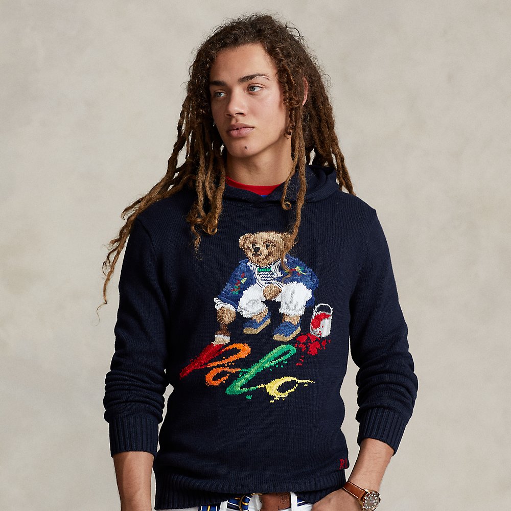 Ralph Lauren Polo Bear Cotton Hooded Sweater In Navy