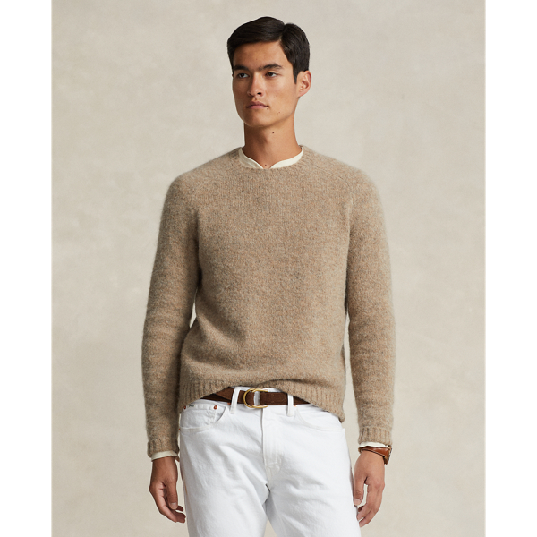 Ralph Lauren Suede-patch Crewneck Sweater In Oak Brown Heather