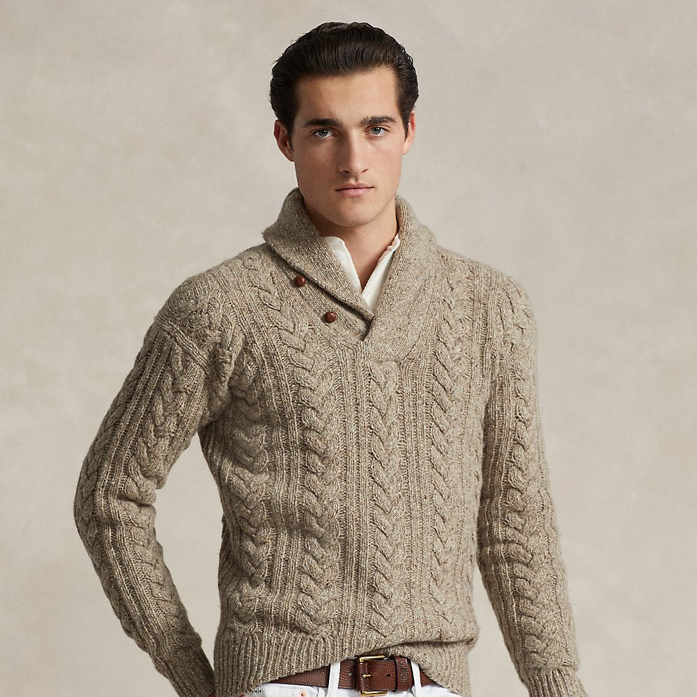 Ralph Lauren Cable-knit Shawl-collar Sweater In Bark Donegal