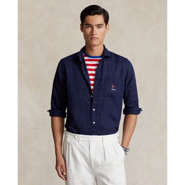 Ralph Lauren Classic Fit Embroidered Linen Shirt In Newport Navy