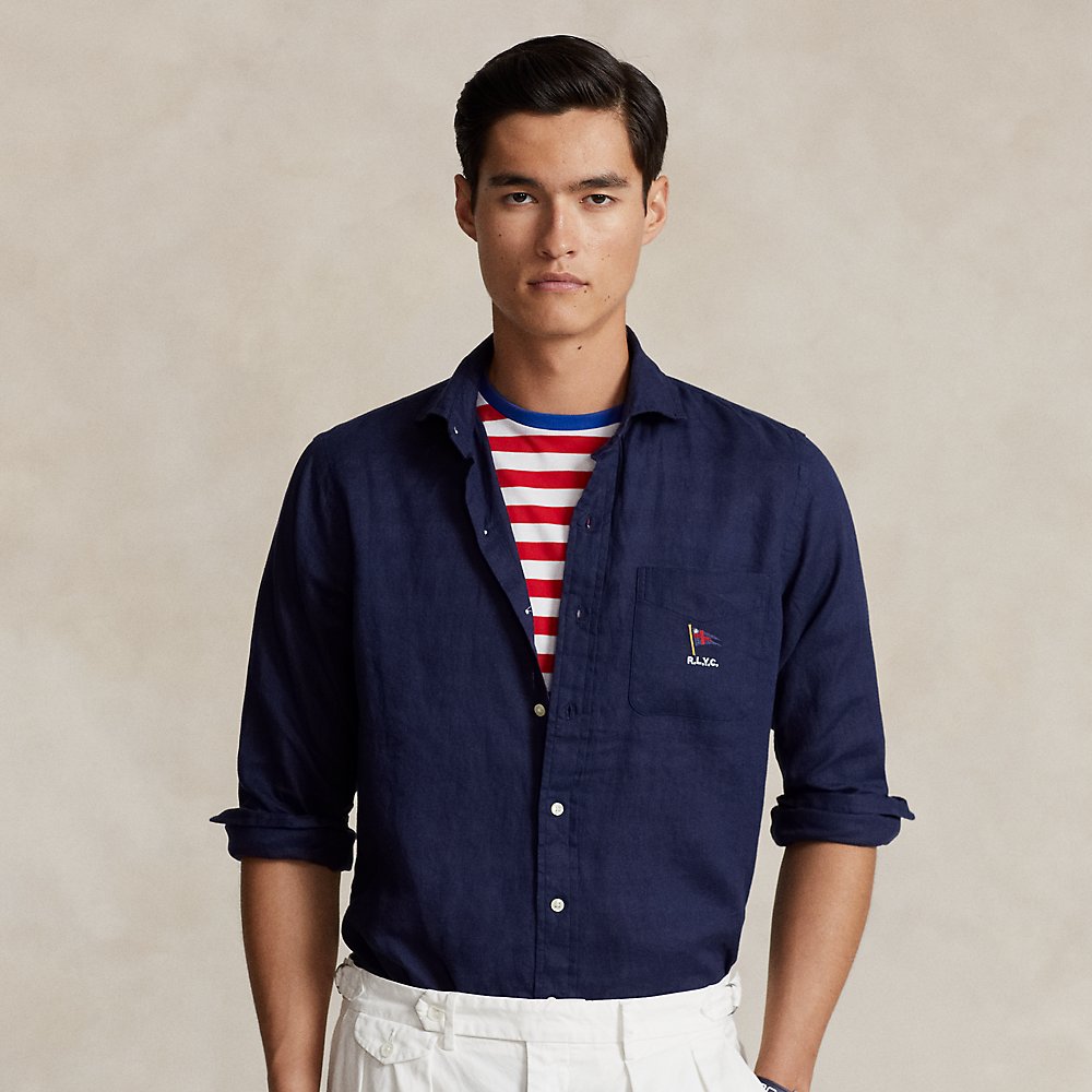 Ralph Lauren Classic Fit Embroidered Linen Shirt In Newport Navy