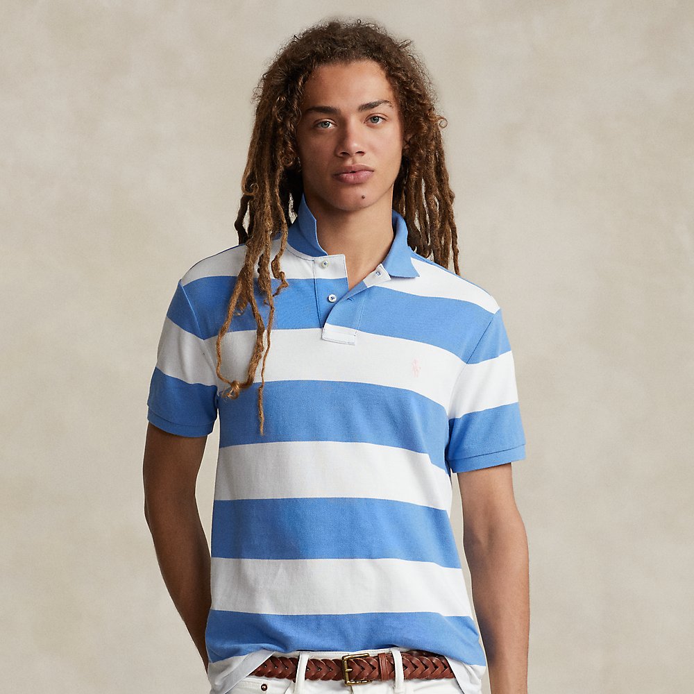 Ralph Lauren Custom Slim Fit Striped Mesh Polo Shirt In Summer Blue/white