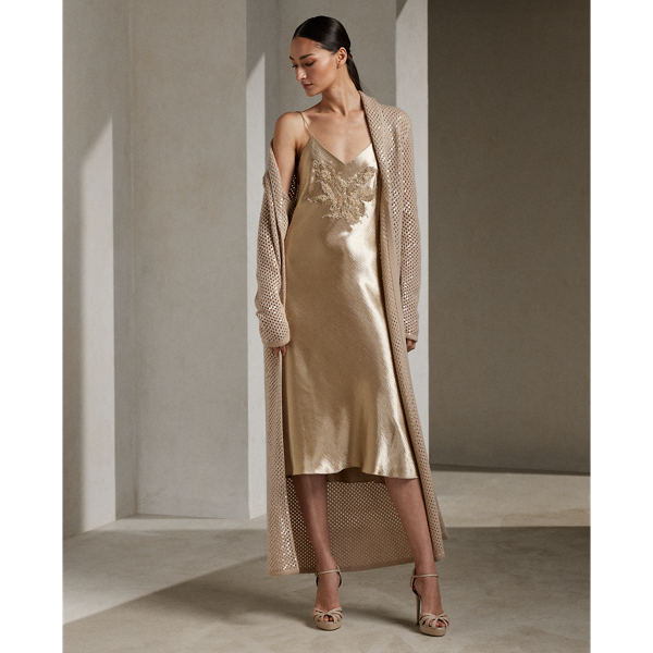 Ralph Lauren Embellished Cashmere Mesh Long Cardigan In Fawn