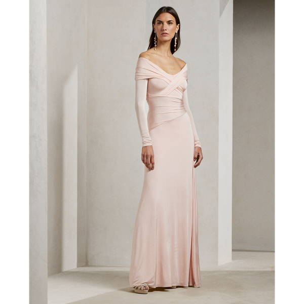 Shop Ralph Lauren Knit Off-the-shoulder Evening Dress In Blush