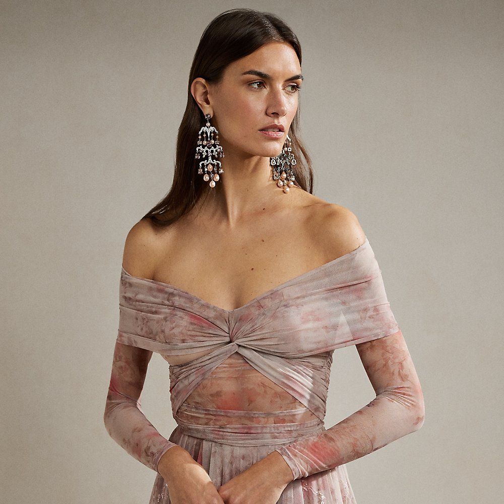 Shop Ralph Lauren Floral Tulle Ruched Off-the-shoulder Top In Light Mauve Multi