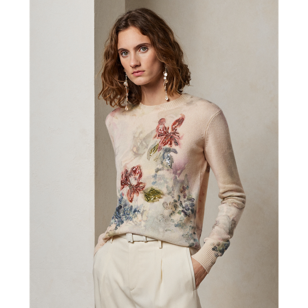 Ralph Lauren Embellished Floral Cashmere Sweater In Butter Multi