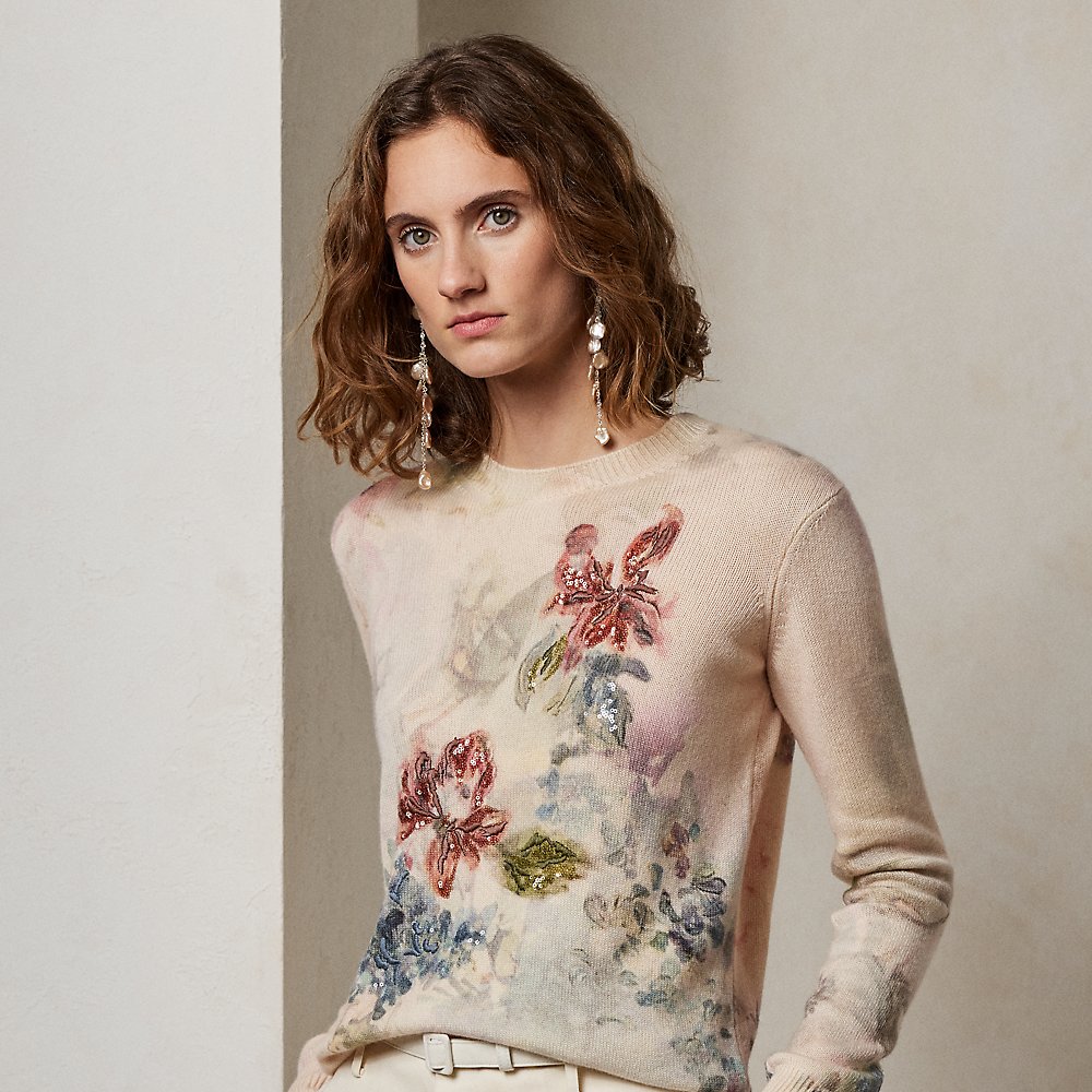 Ralph Lauren Embellished Floral Cashmere Sweater In Butter Multi