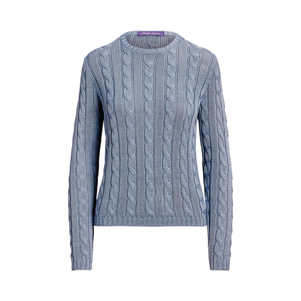Shop Collection Cable-knit Silk Crewneck Jumper In Blue