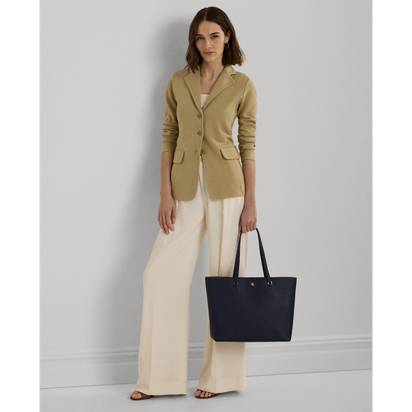 Ralph Lauren Crosshatch Leather Large Karly Tote In Refined Navy