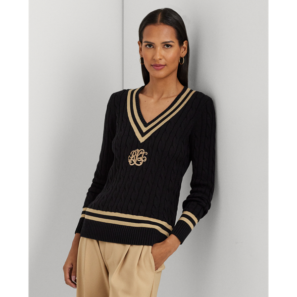 Lauren Ralph Lauren Cableknit Cotton Cricket Sweater In Black/birch