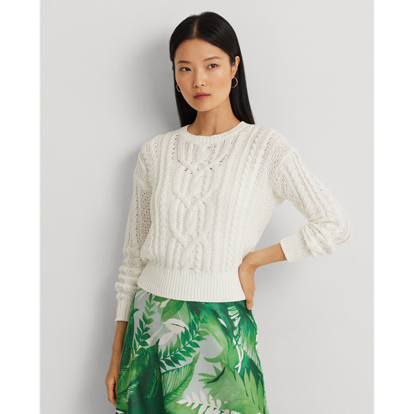 Lauren Ralph Lauren Cable-knit Cotton Crewneck Sweater In White