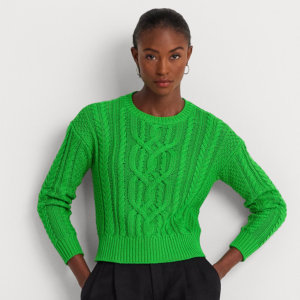 Lauren Ralph Lauren Cable-knit Cotton Crewneck Sweater In Green Topaz