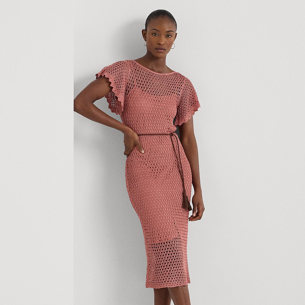 Lauren Ralph Lauren Belted Linen-blend Pointelle-knit Dress In Pink Mahogany