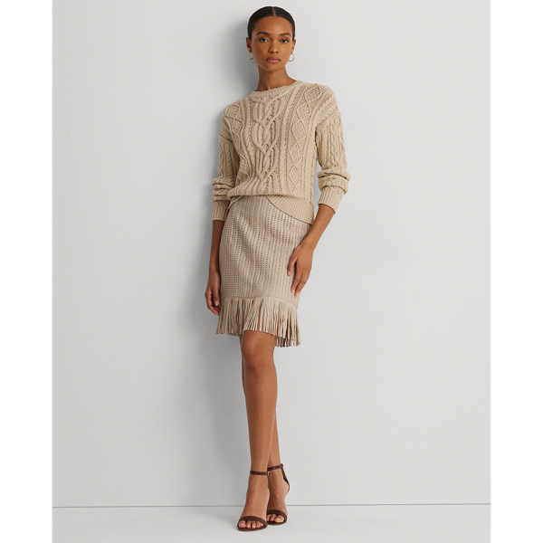 Lauren Ralph Lauren Fringe-trim Woven Leather Pencil Skirt In Explorer Sand