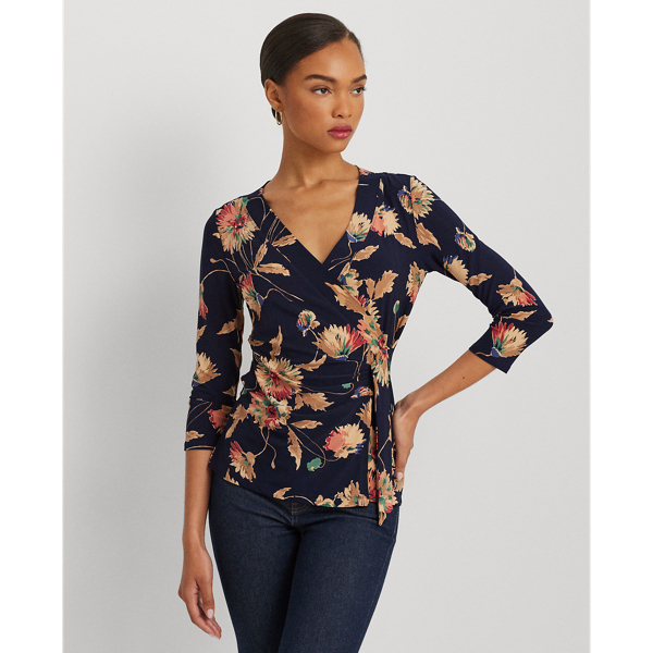 Lauren Ralph Lauren Floral Stretch Jersey Top In Navy/tan/multi