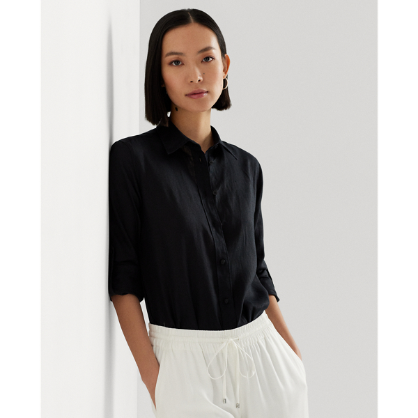 Lauren Petite Relaxed Fit Linen Roll Tab-sleeve Shirt In Polo Black