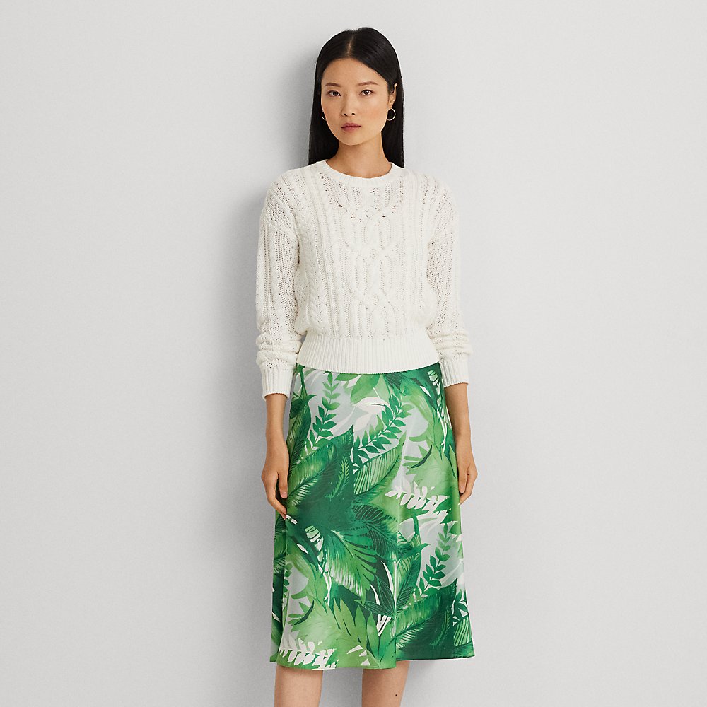 Lauren Petite Palm Frond-print Charmeuse Midi Skirt In Green Multi