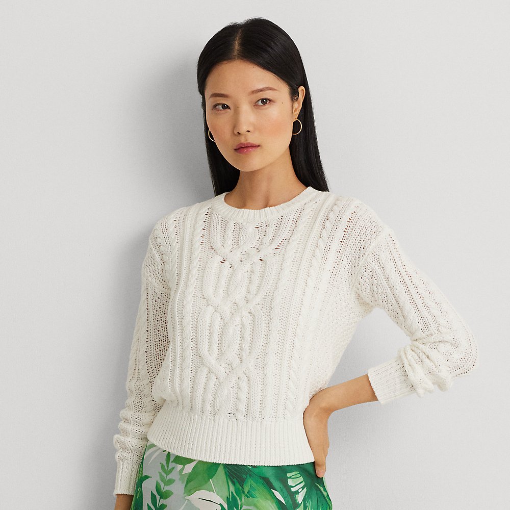 Lauren Petite Cable-knit Cotton Crewneck Sweater In White