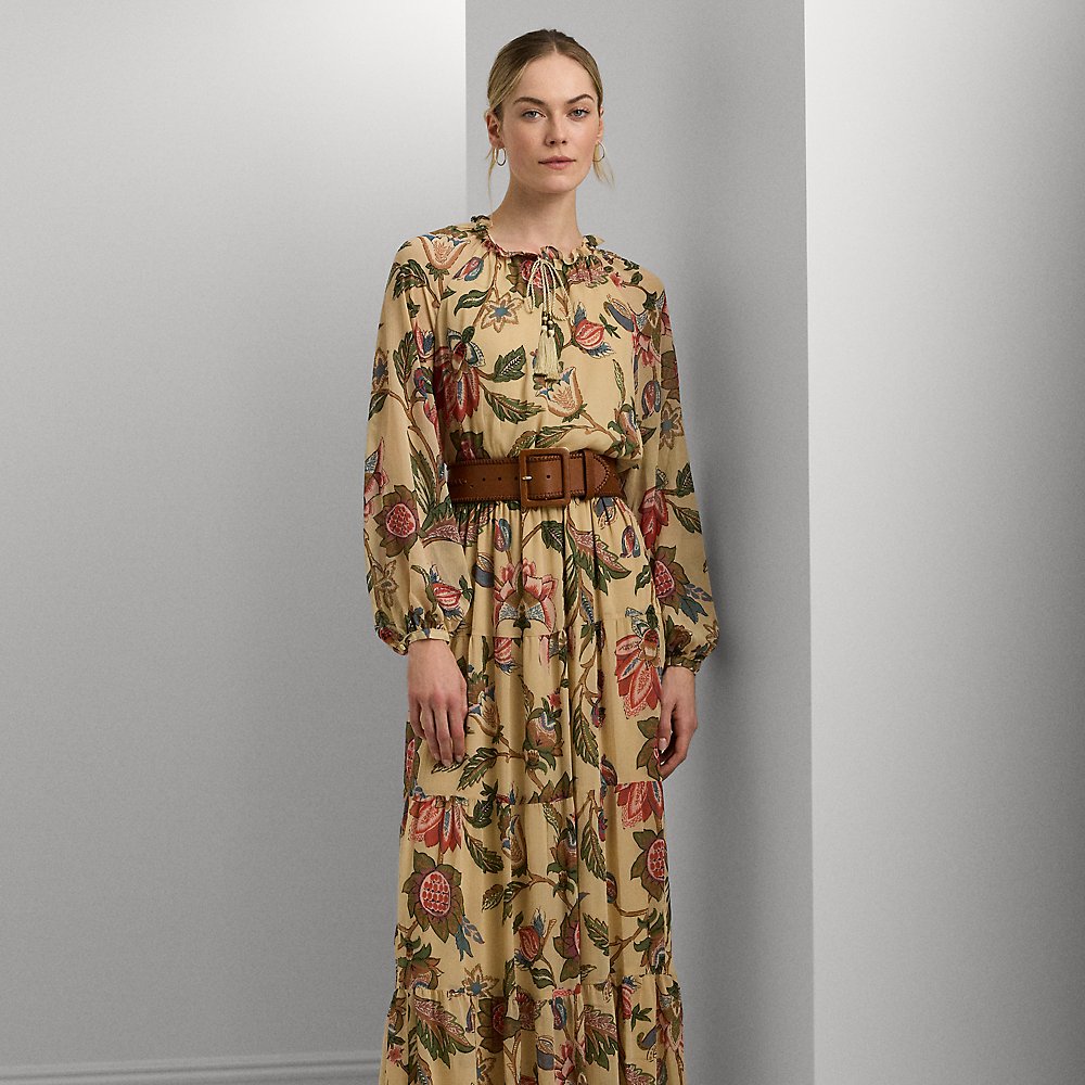 Lauren Petite Floral Crinkle Georgette Tiered Dress In Cream Multi